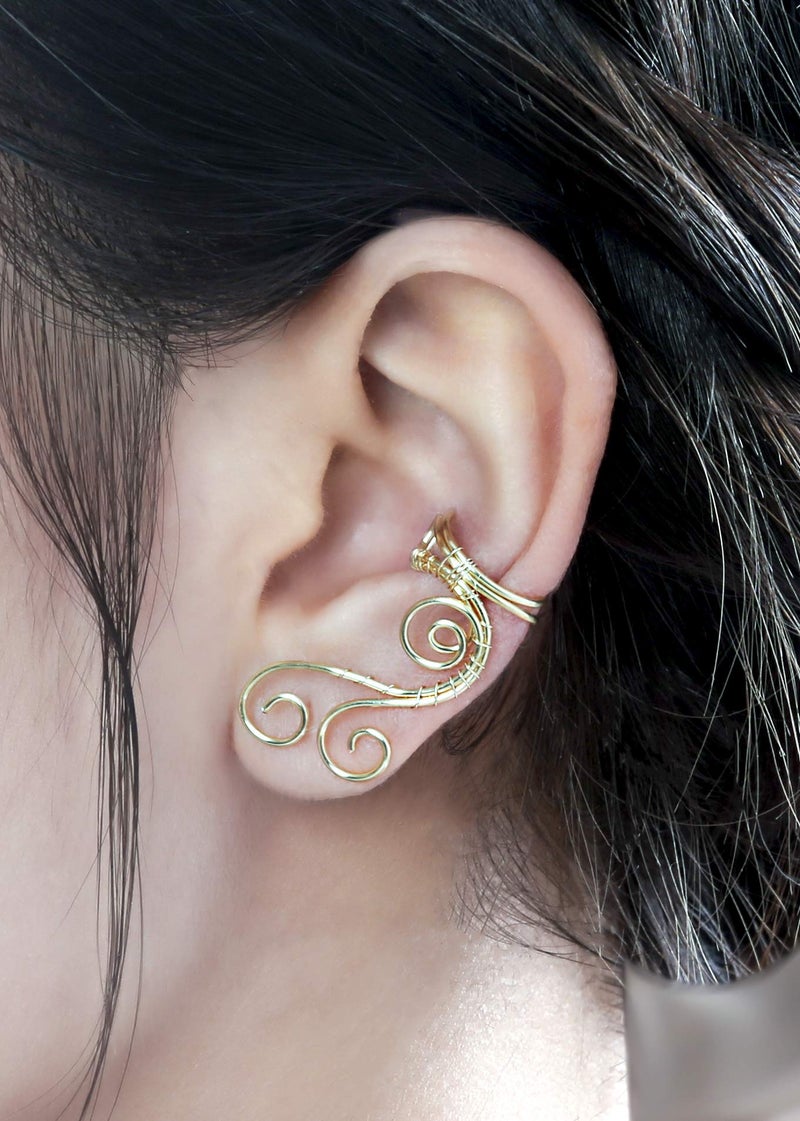 OwMell Handmade Ear Cuff Earrings, OwMell Elf Ear Cuffs No Piercing Hypoallergenic Simple Rolled Earrings Fantasy Costume for Party Wearing - Gold - Image 4